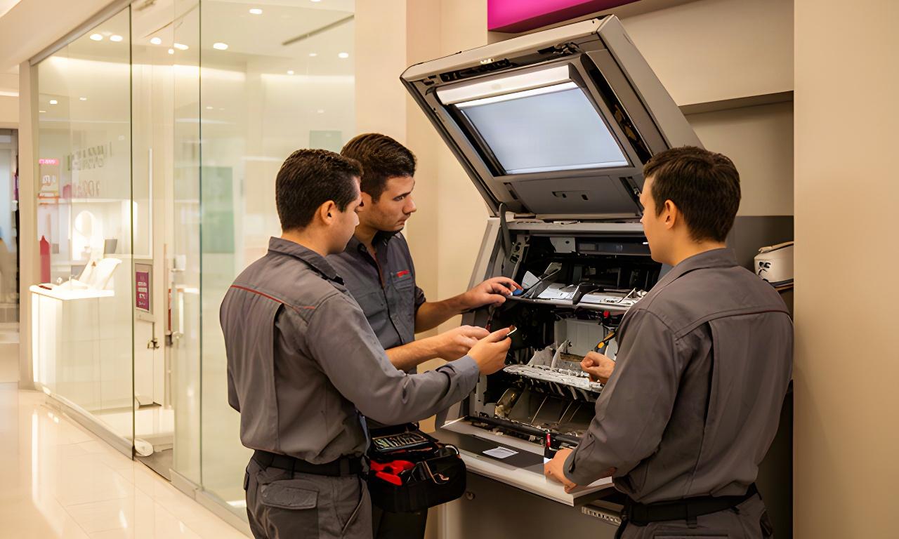 Singapore ATM field engineers inspecting an open cash dispenser inside a retail banking lobby