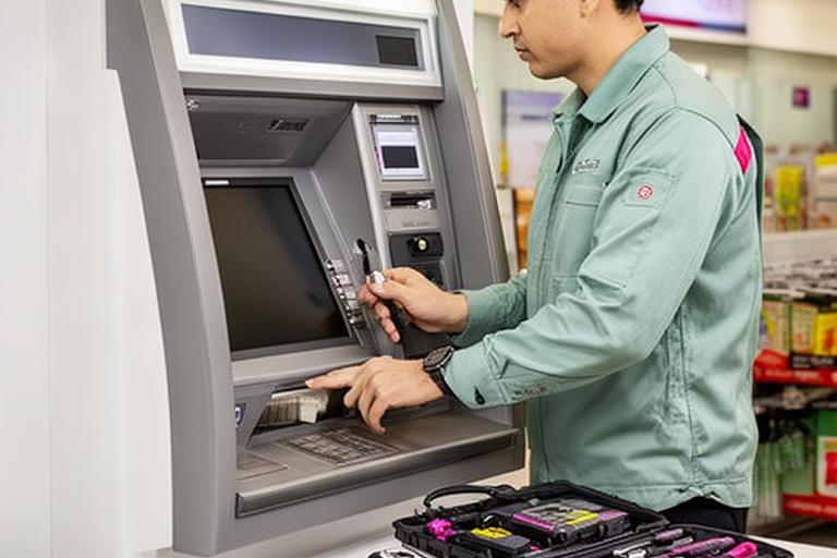 Singapore ATM technician completing a careful service inspection with tools beside an operational cash machine