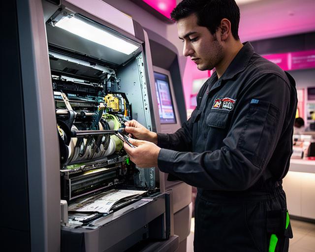 ATM technician examining a cash dispenser inside a Singapore retail branch