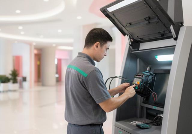 Modern bank ATM lobby in Singapore with a service engineer reviewing a maintenance panel