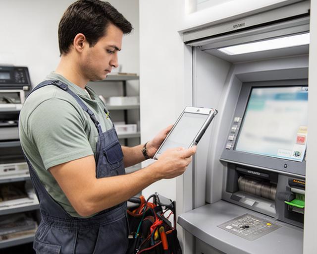 ATM engineer Azlan Rahim using a diagnostic tablet beside a cash machine in a Singapore service room