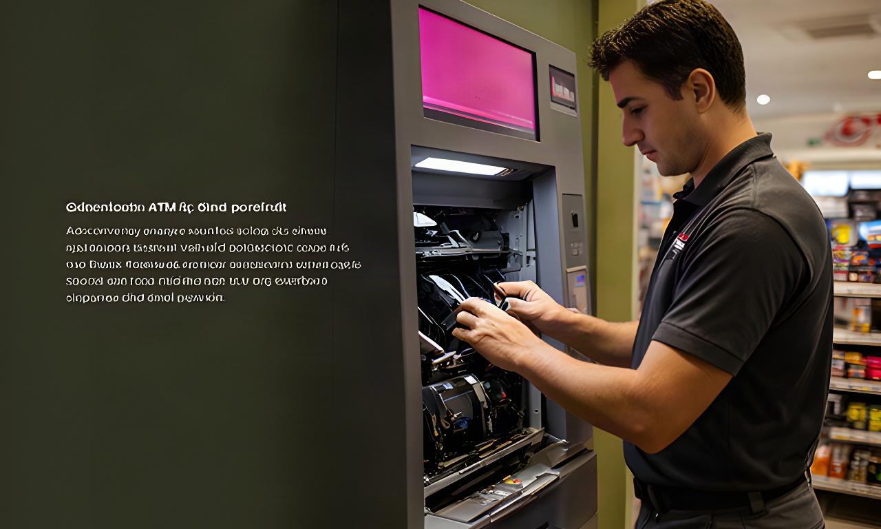 ATM technician inspecting a cash dispenser inside a Singapore retail premises