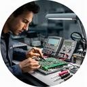 ATM diagnostics specialist testing a circuit board at a workbench