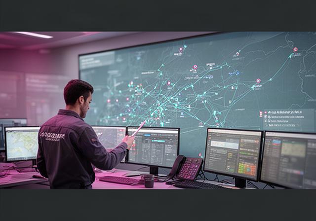 ATM service technician reviewing a Singapore-wide network operations map in a control room